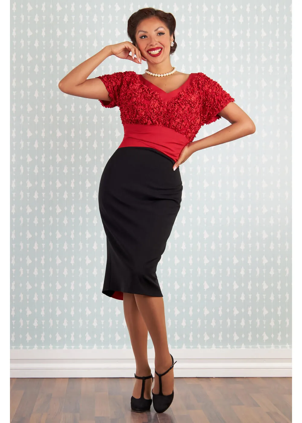 Miss Candyfloss Avarila Rose Lace 50's Pencil Dress Black Red