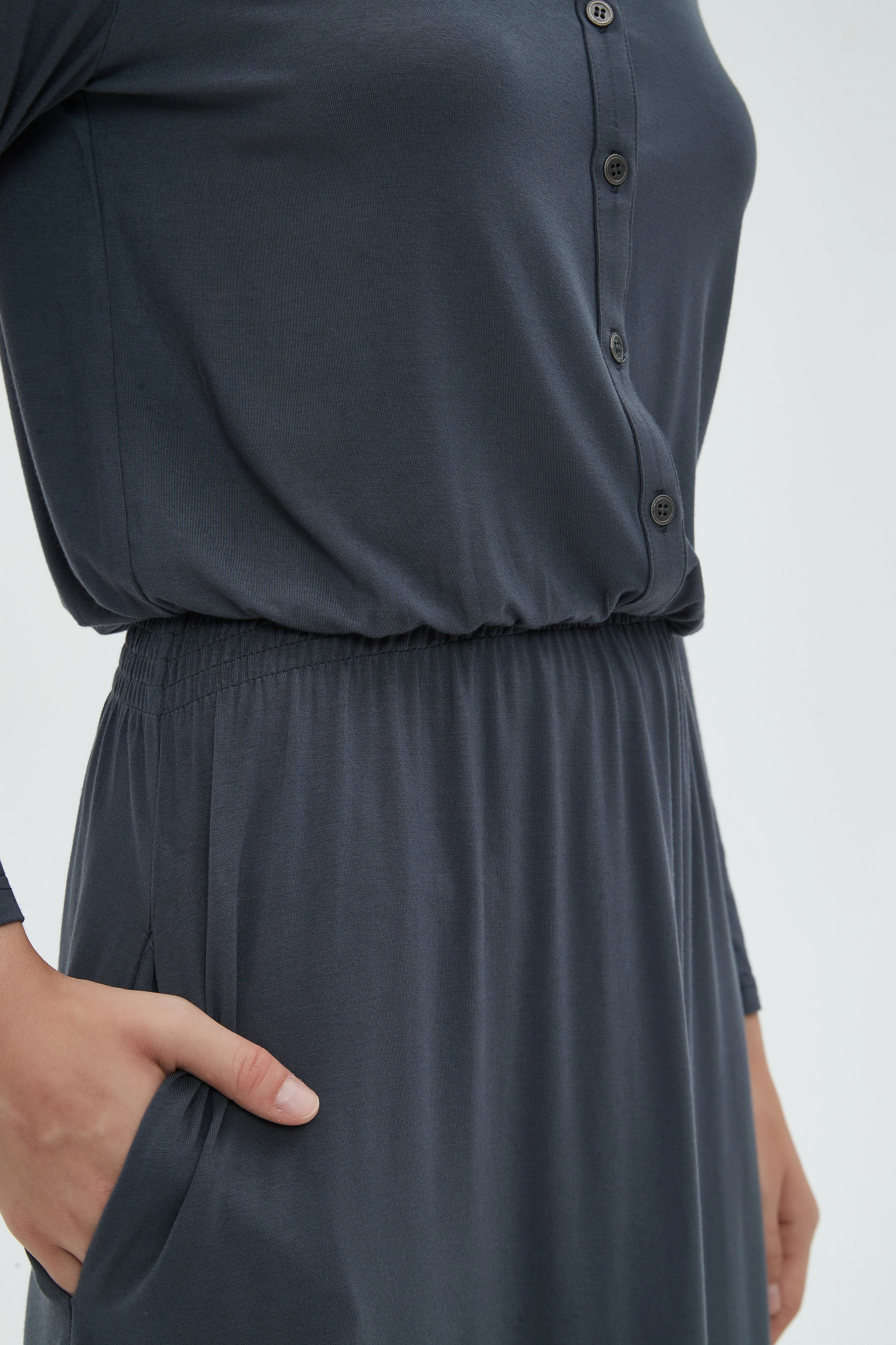 MM SMOCKED WAIST EVERYTHING DRESS LONG SLEEVES - CHARCOAL