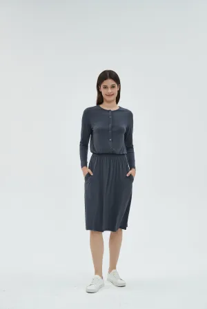 MM SMOCKED WAIST EVERYTHING DRESS LONG SLEEVES - CHARCOAL
