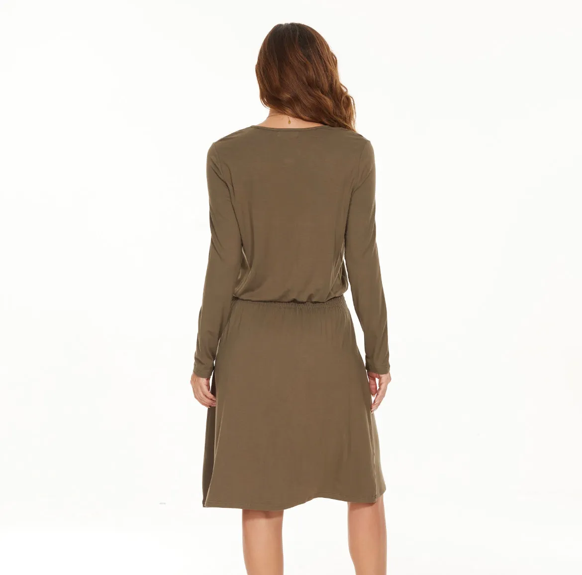 MM SMOCKED WAIST EVERYTHING DRESS LONG SLEEVES - OLIVE GREEN