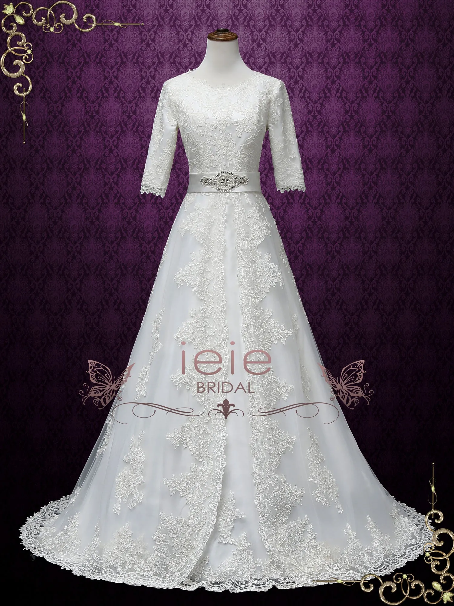 Modest A-line Lace Wedding Dress with Sleeves LORINA