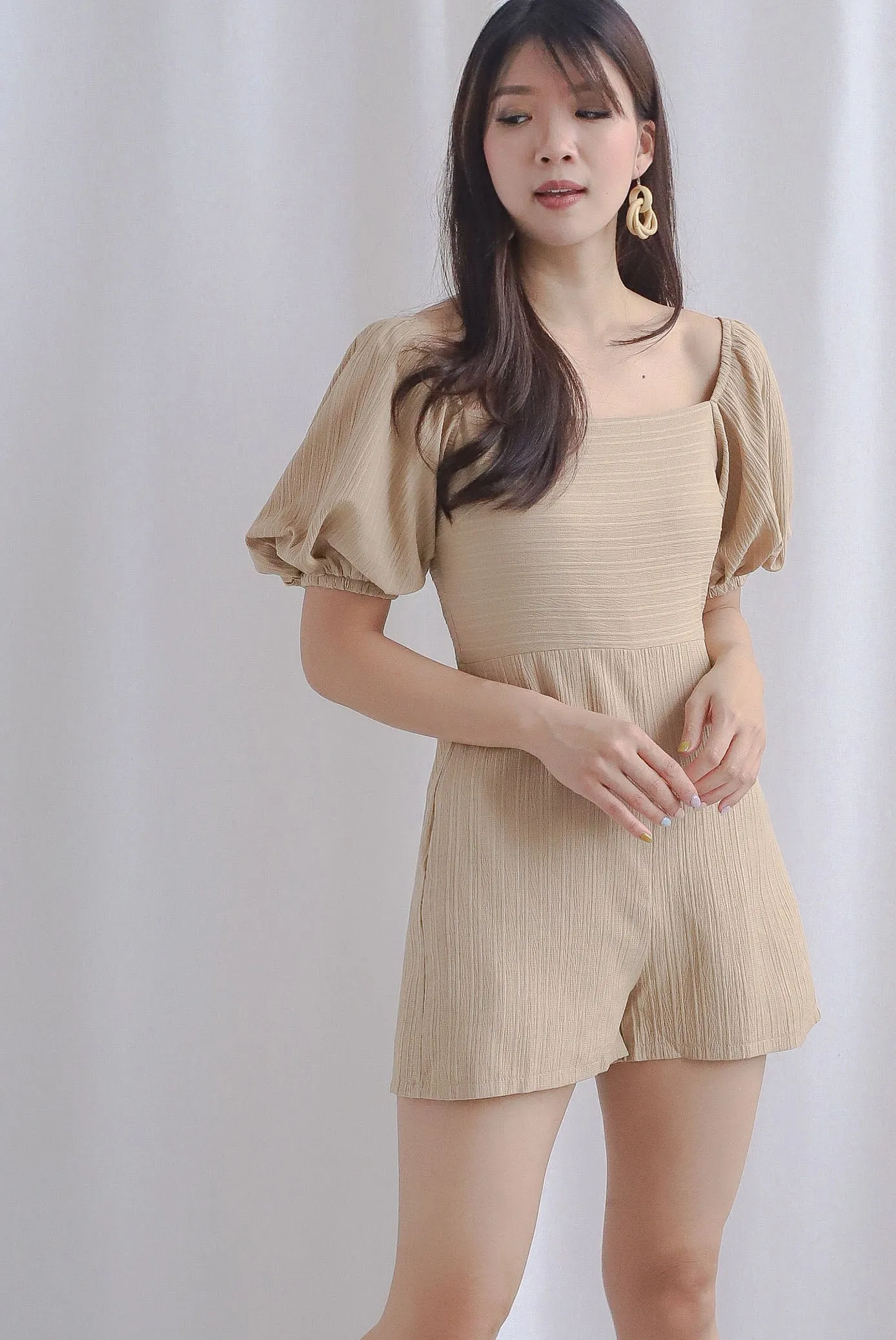 Monika Stripes Emboss Puffy Sleeve Romper In Camel