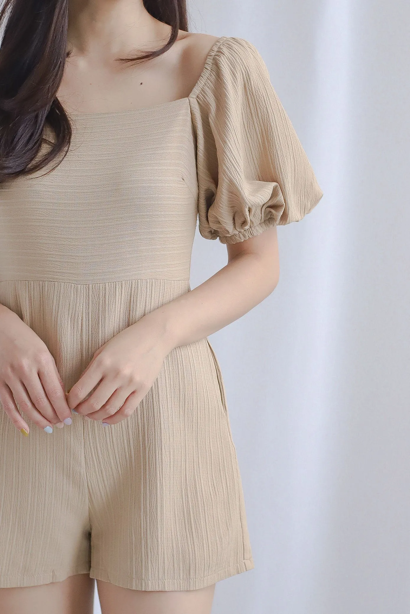 Monika Stripes Emboss Puffy Sleeve Romper In Camel