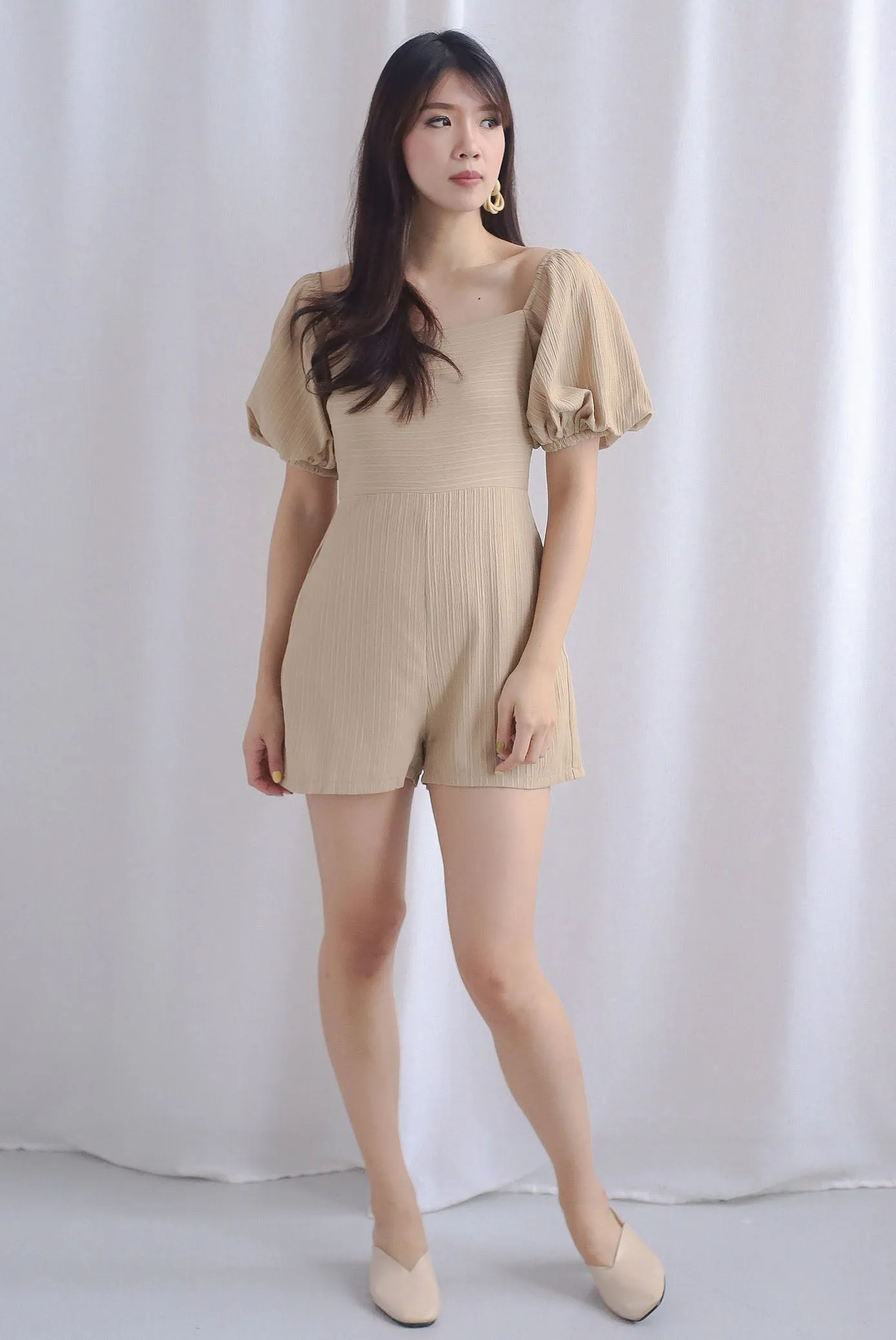 Monika Stripes Emboss Puffy Sleeve Romper In Camel