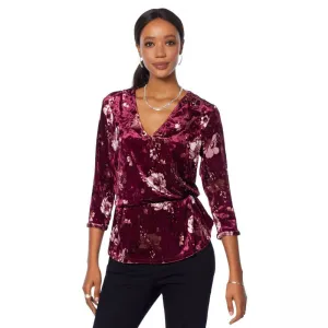 MOTTO Women's Crushed Velvet Printed Surplice Top