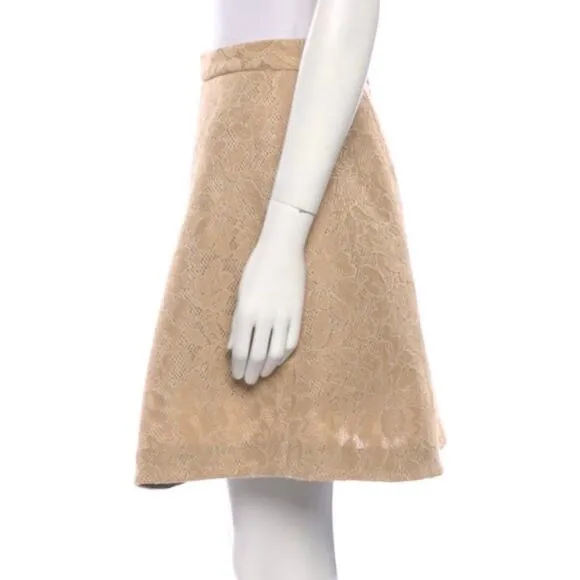 MSGM Camel Khaki Tan Lace A Line Front Pleat Mini Skirt 40 6 US