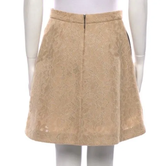 MSGM Camel Khaki Tan Lace A Line Front Pleat Mini Skirt 40 6 US