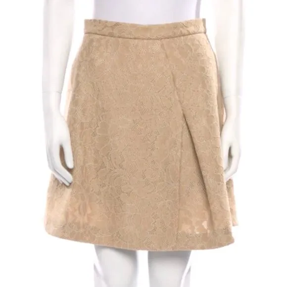 MSGM Camel Khaki Tan Lace A Line Front Pleat Mini Skirt 40 6 US