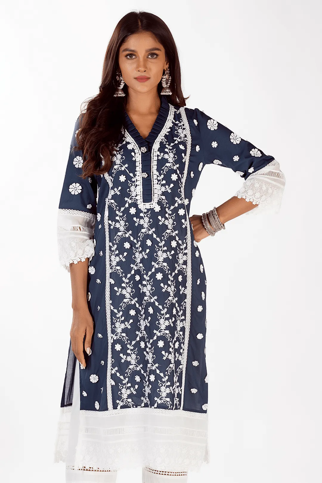 Mulmul Cotton Sadie Navy Kurta With Ladder Lace White Pyajama