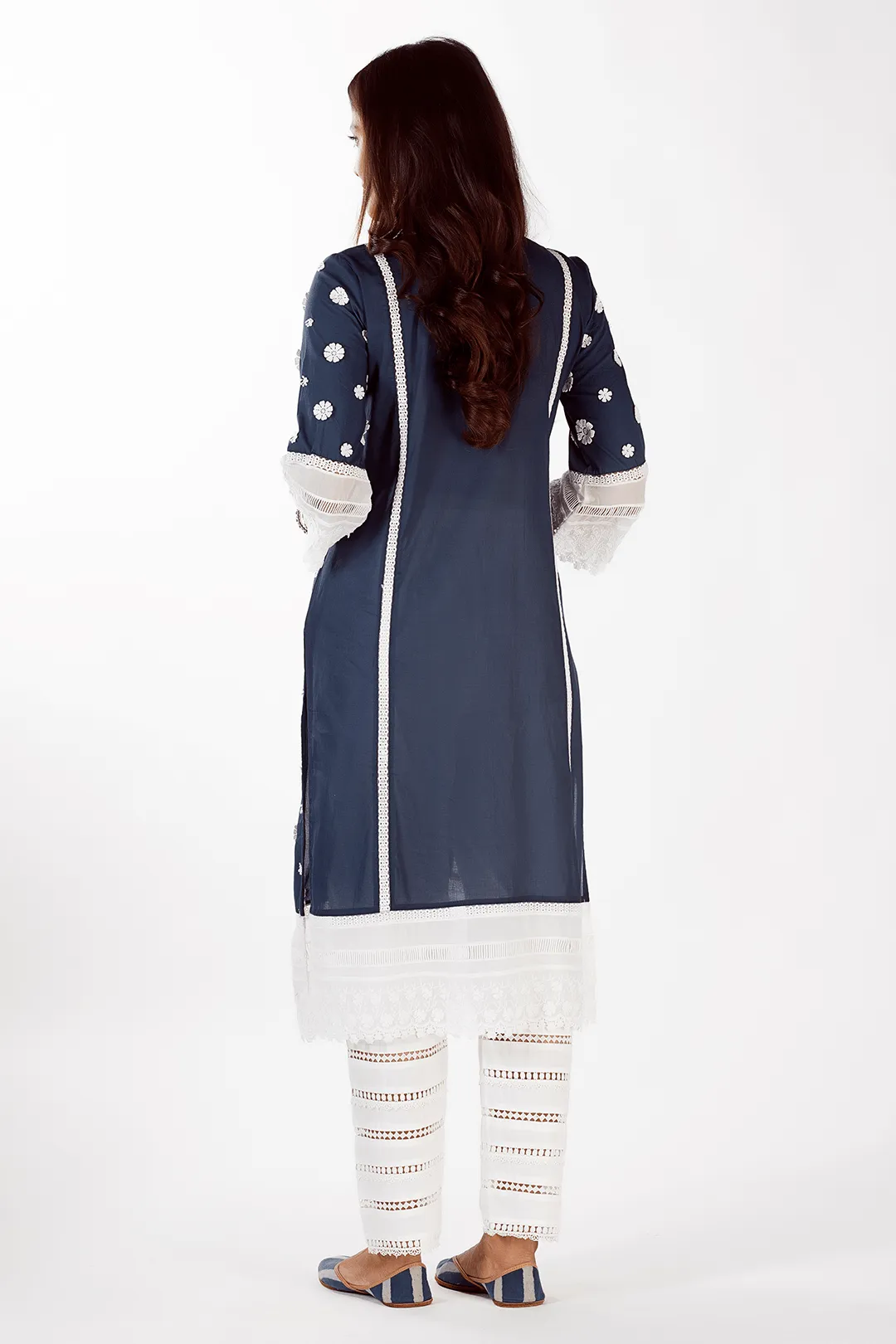 Mulmul Cotton Sadie Navy Kurta With Ladder Lace White Pyajama