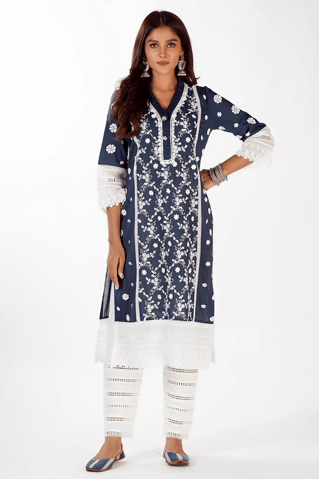 Mulmul Cotton Sadie Navy Kurta With Ladder Lace White Pyajama