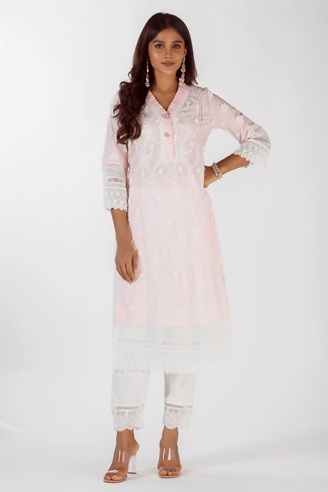 Mulmul Cotton Sadie Pink Kurta With Floral Organza White Pyajama
