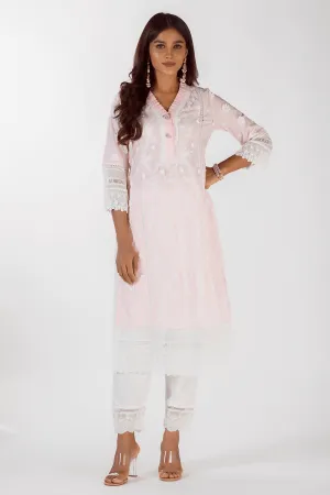 Mulmul Cotton Sadie Pink Kurta With Floral Organza White Pyajama