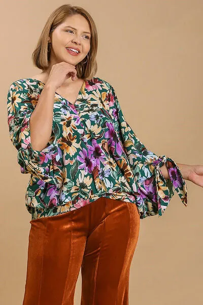 Multicolor Floral V-Neck Tie Sleeve Blouse