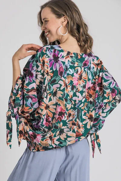 Multicolor Floral V-Neck Tie Sleeve Blouse