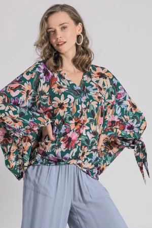 Multicolor Floral V-Neck Tie Sleeve Blouse