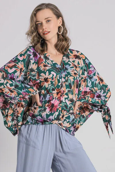 Multicolor Floral V-Neck Tie Sleeve Blouse