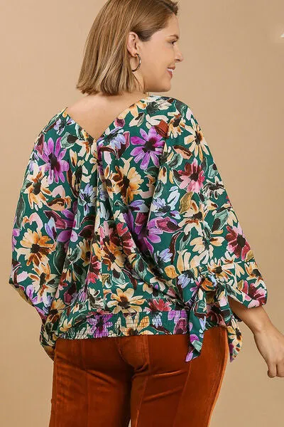 Multicolor Floral V-Neck Tie Sleeve Blouse