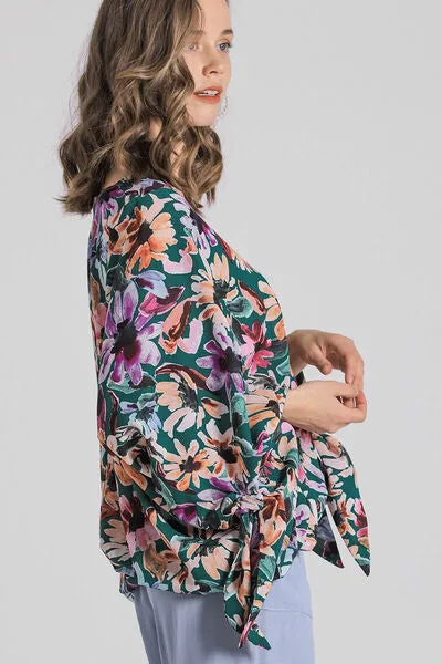 Multicolor Floral V-Neck Tie Sleeve Blouse