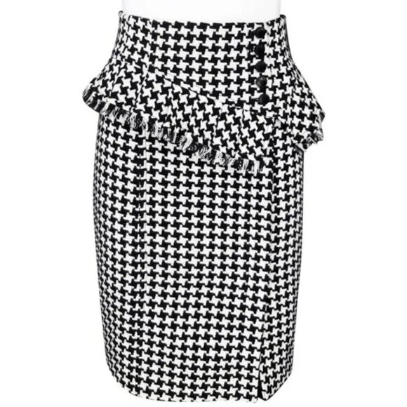 Nanette Leopre Black &amp; White Wool Tweed Peplum High Waist Pencil Skirt Size 4