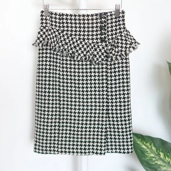 Nanette Leopre Black &amp; White Wool Tweed Peplum High Waist Pencil Skirt Size 4