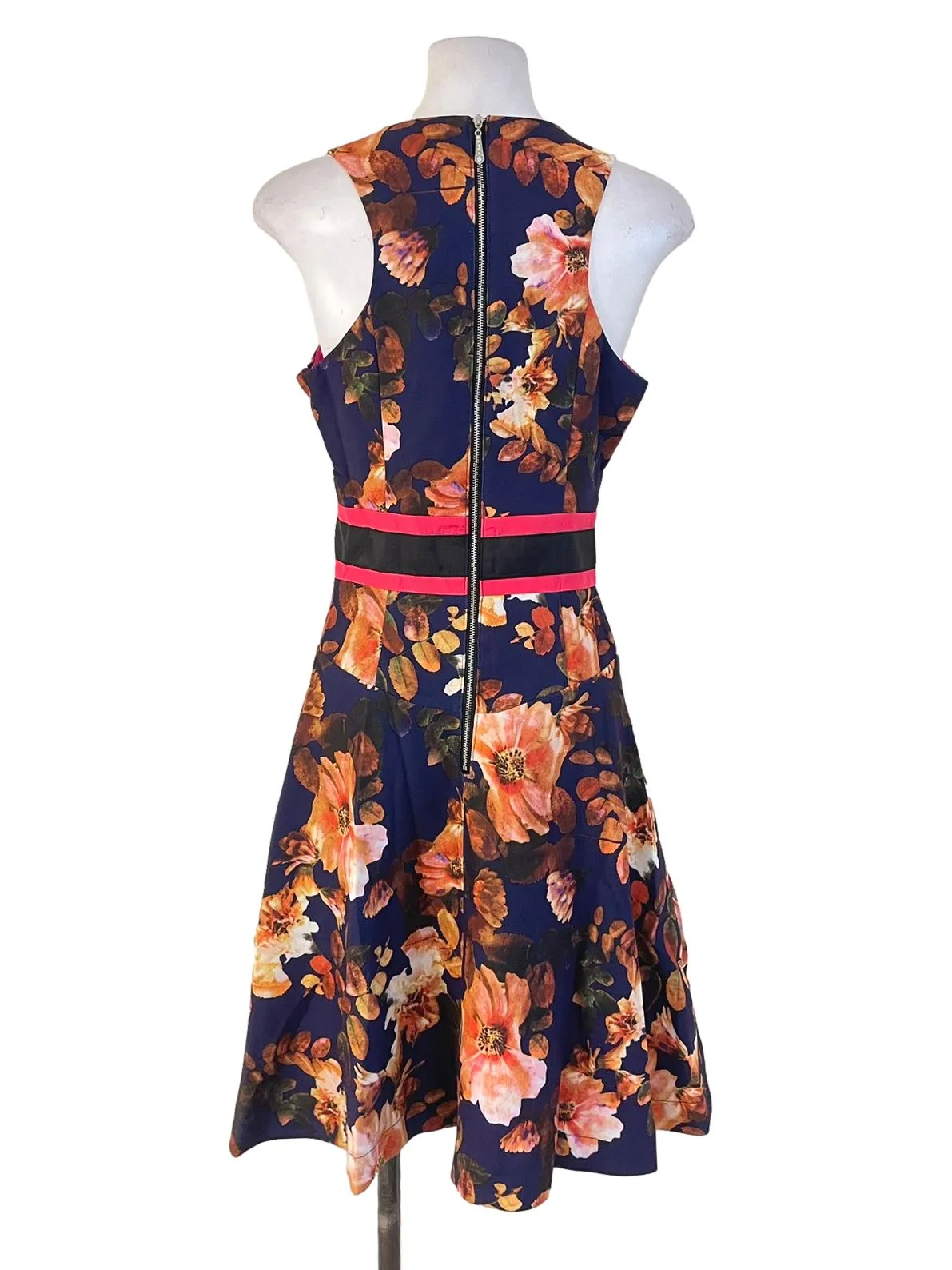 Navy Blue Floral Contrast A-Line Dress