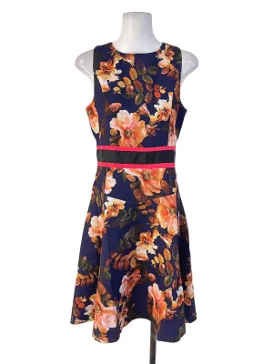 Navy Blue Floral Contrast A-Line Dress