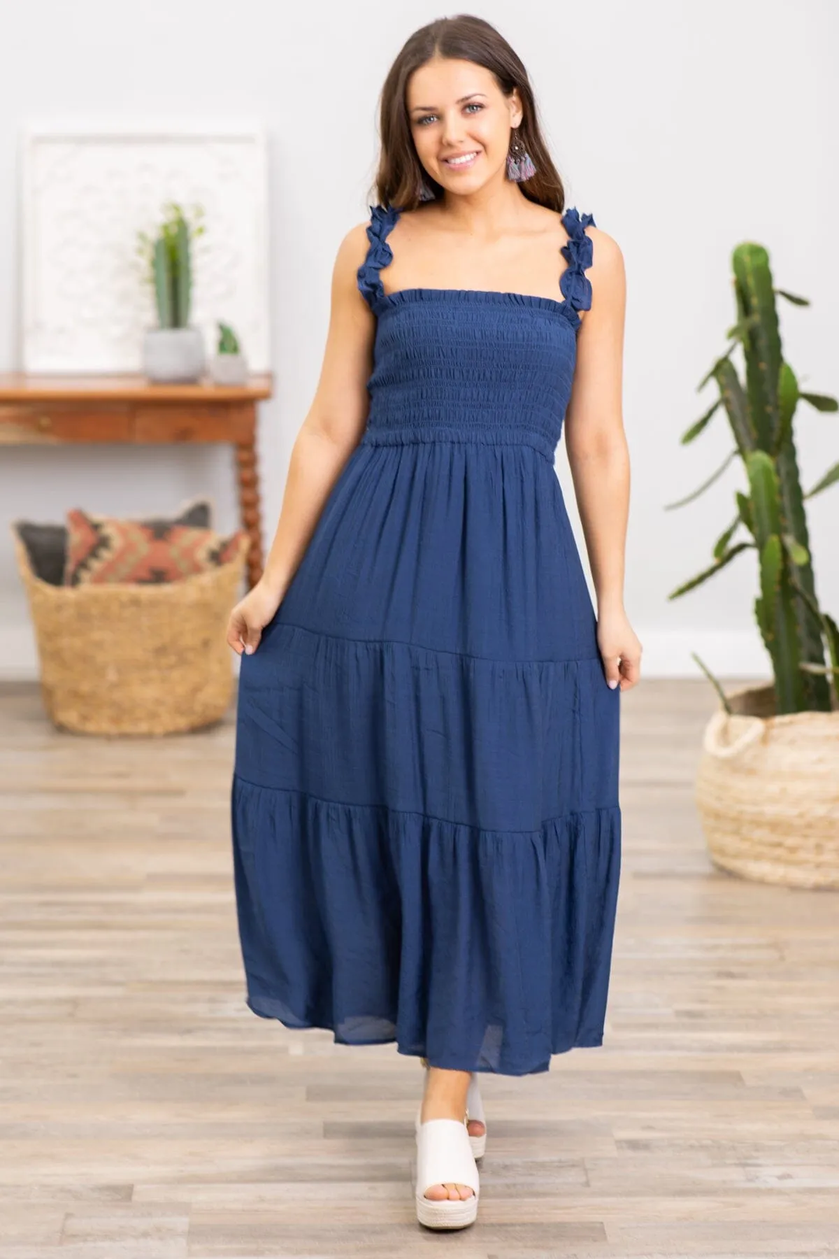Navy Smocked Bodice Tiered Skirt Maxi Dress