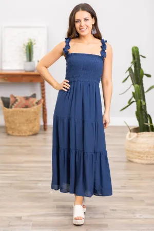 Navy Smocked Bodice Tiered Skirt Maxi Dress