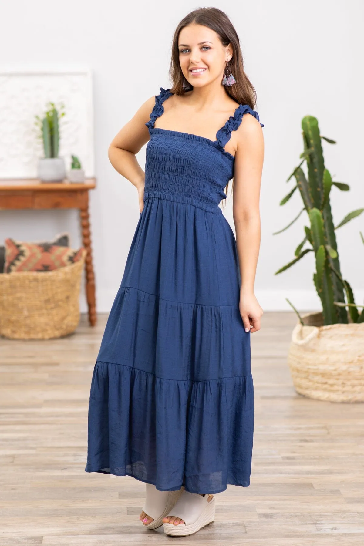 Navy Smocked Bodice Tiered Skirt Maxi Dress