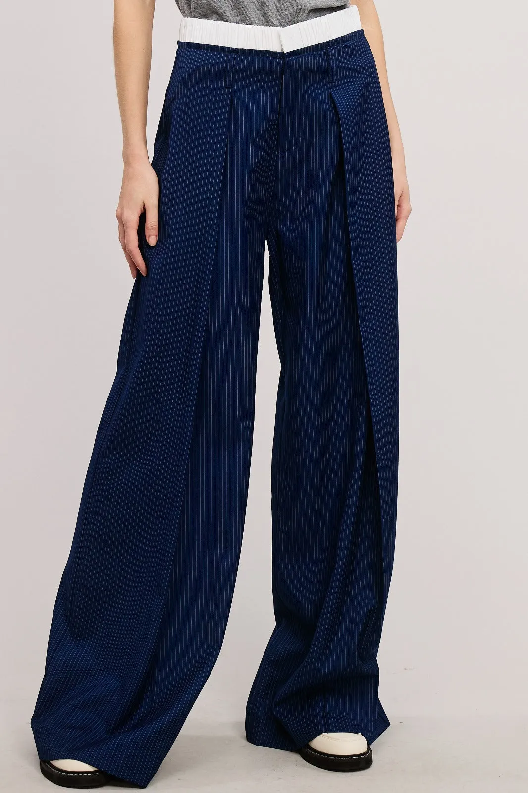 NAVY STRIPE PLEATED PANTS