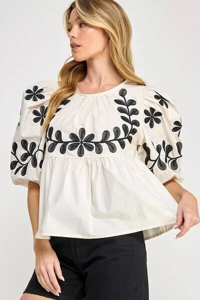Never Forget You Puff-Sleeve Embroidered Peplum Blouse in Cream and Black