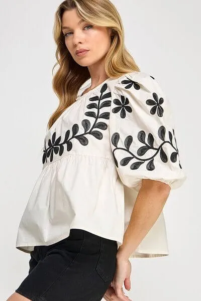 Never Forget You Puff-Sleeve Embroidered Peplum Blouse in Cream and Black