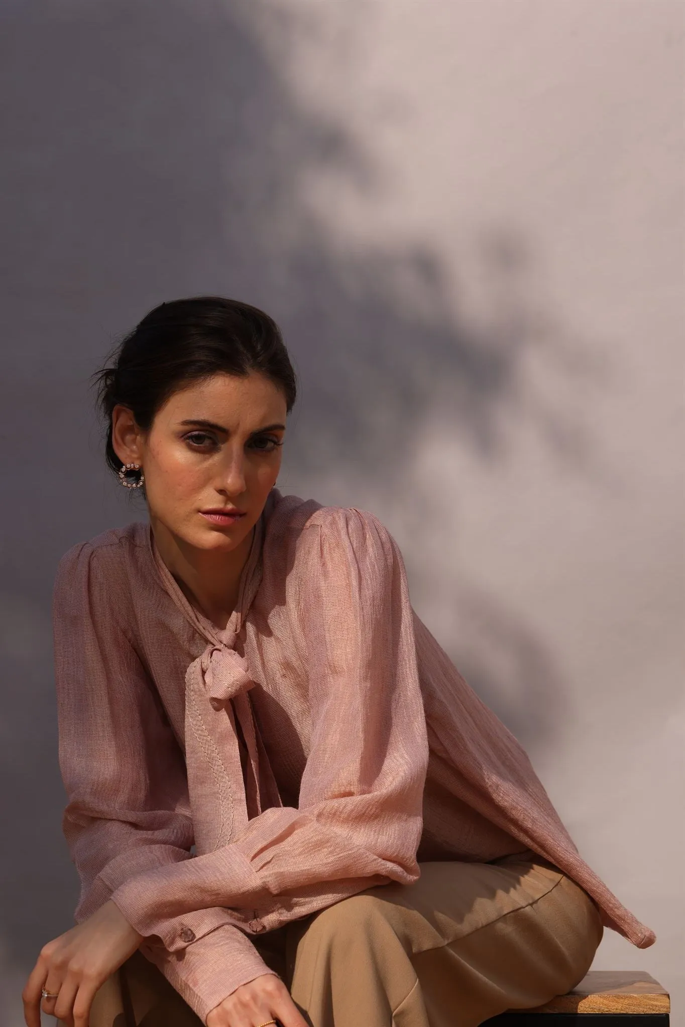 New Season Summer to Fall 2024--Blouse Embroidered Bow Tie Silk Baby Pink-CR/S/042-Suzanne-Fashion Edit Hemji