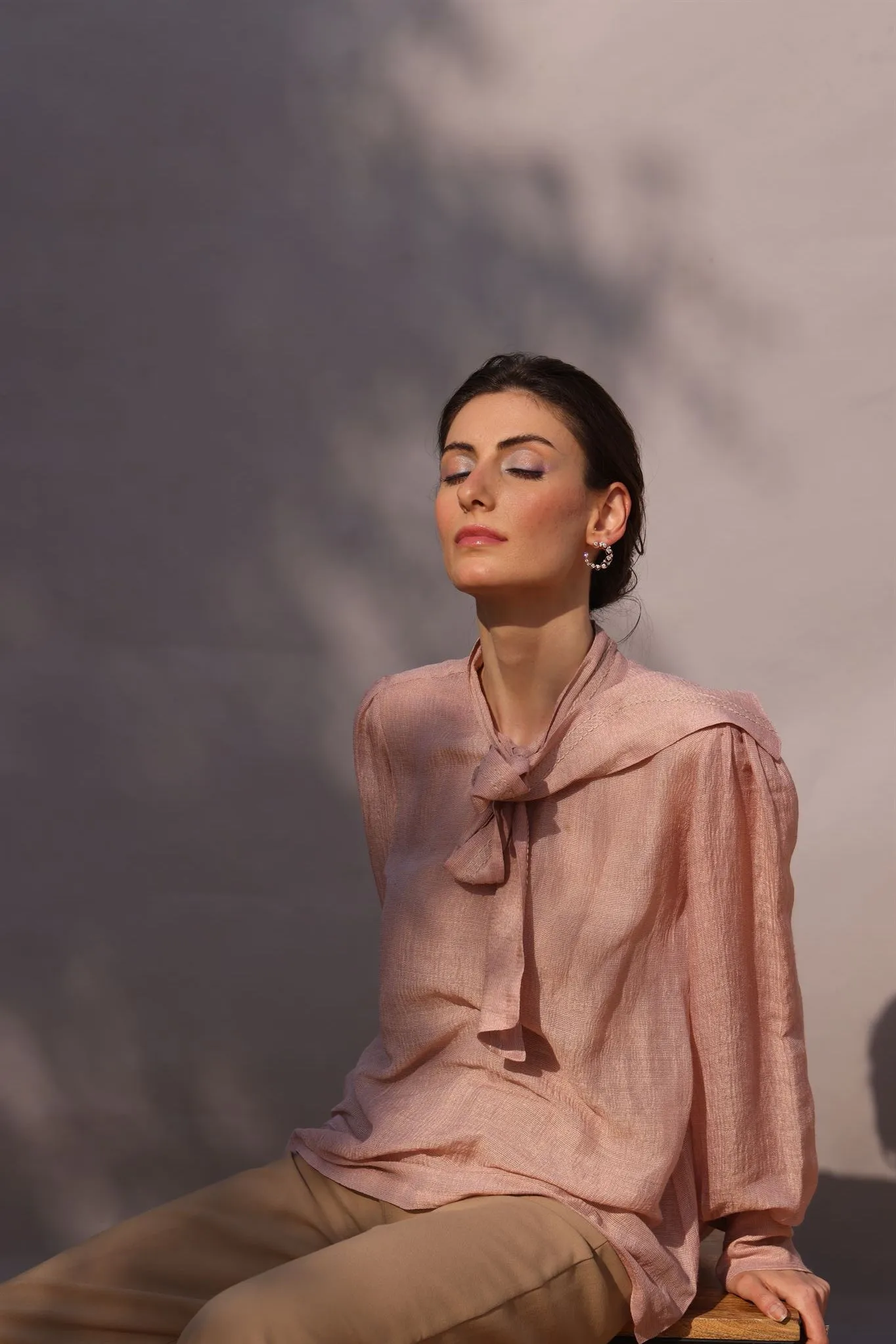 New Season Summer to Fall 2024--Blouse Embroidered Bow Tie Silk Baby Pink-CR/S/042-Suzanne-Fashion Edit Hemji