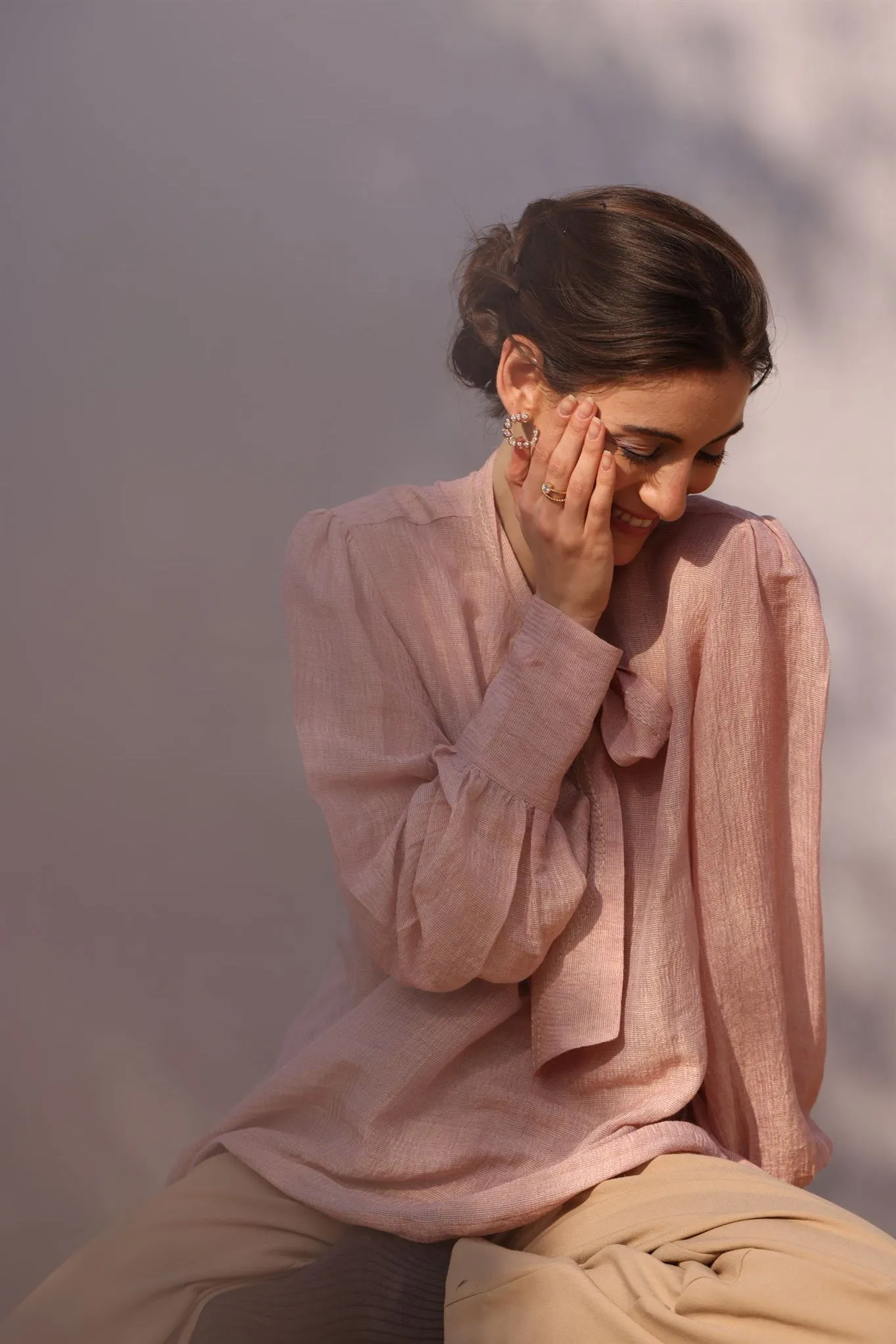 New Season Summer to Fall 2024--Blouse Embroidered Bow Tie Silk Baby Pink-CR/S/042-Suzanne-Fashion Edit Hemji