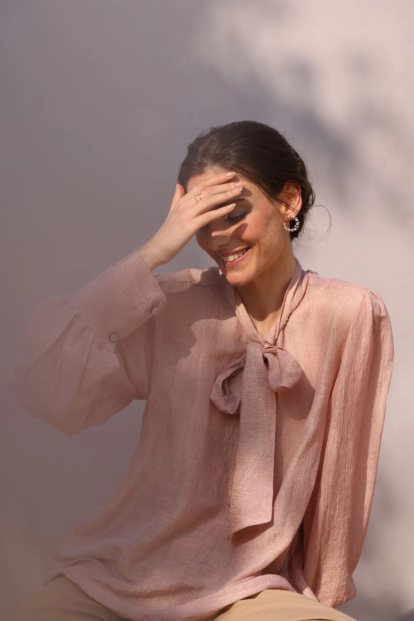 New Season Summer to Fall 2024--Blouse Embroidered Bow Tie Silk Baby Pink-CR/S/042-Suzanne-Fashion Edit Hemji