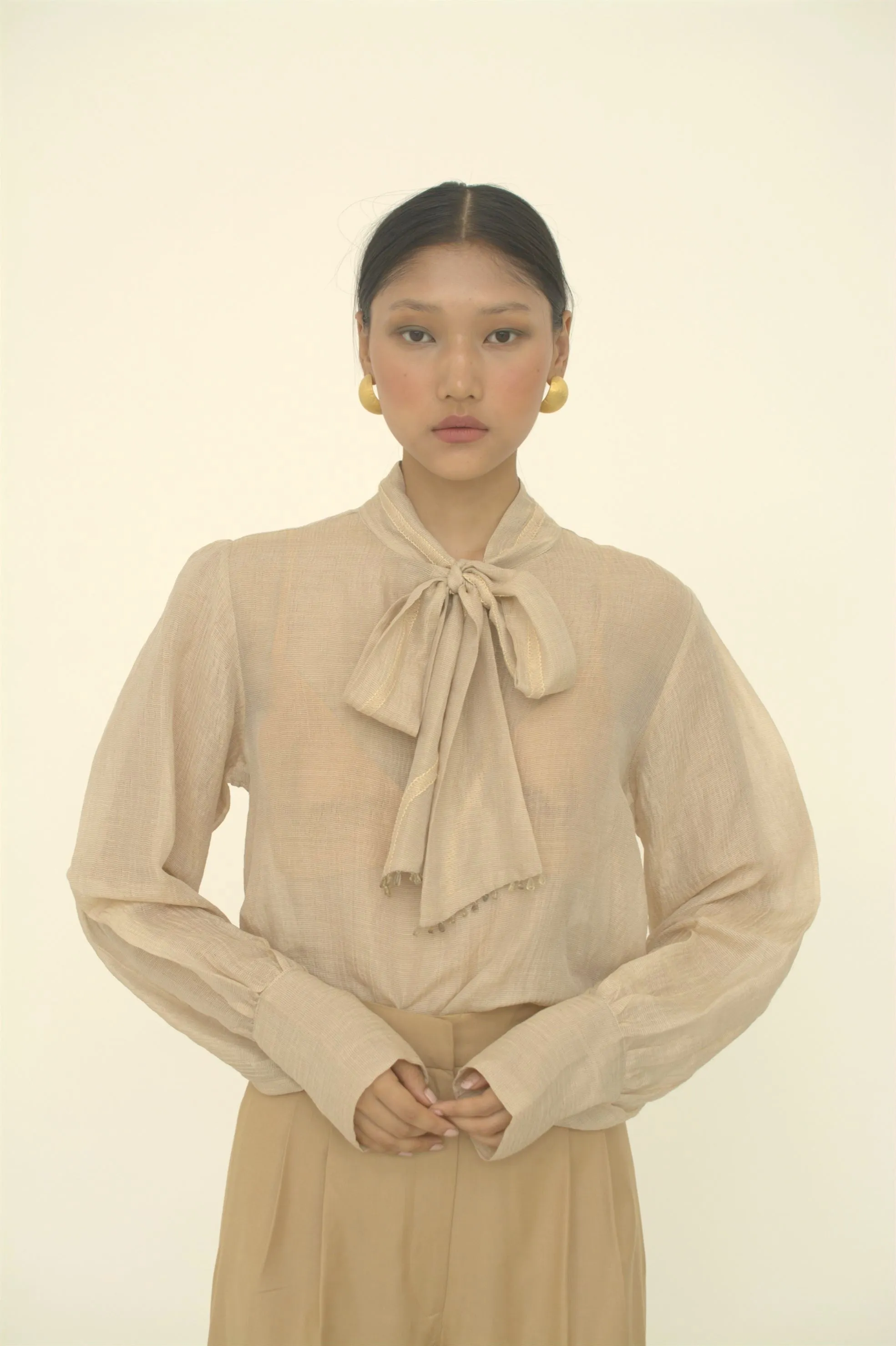 New Season Summer to Fall 2024--Blouse Embroidered Bow Tie Silk Ecru-CR/S/041-Suzanne-Fashion Edit Hemji