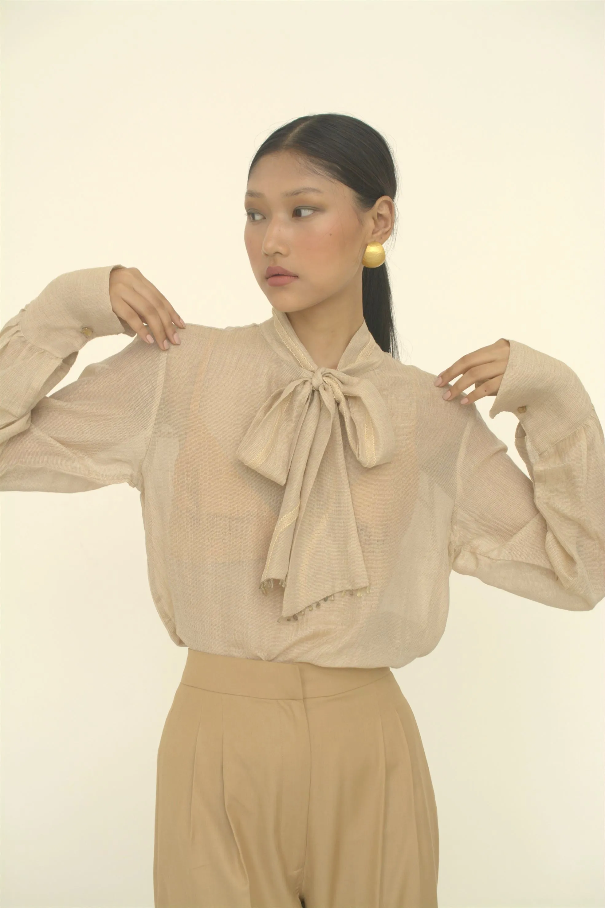 New Season Summer to Fall 2024--Blouse Embroidered Bow Tie Silk Ecru-CR/S/041-Suzanne-Fashion Edit Hemji