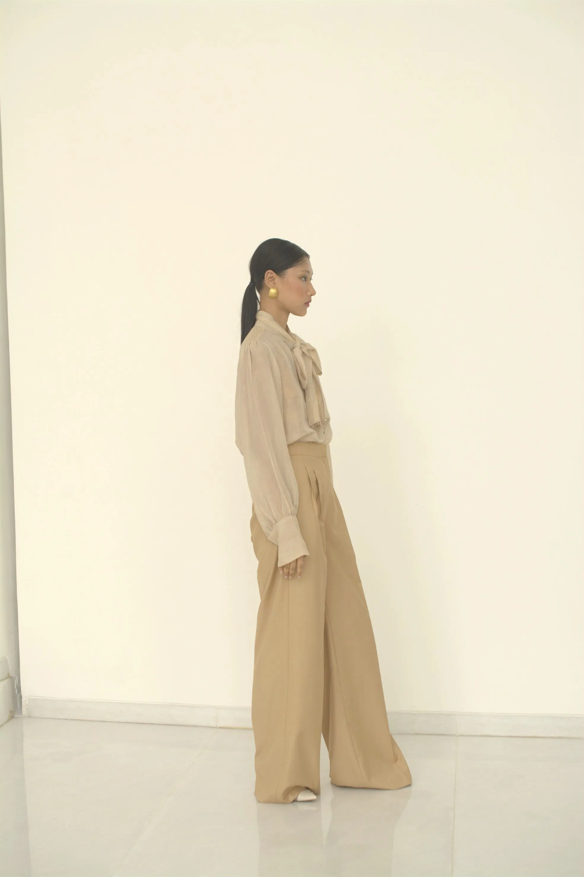 New Season Summer to Fall 2024--Blouse Embroidered Bow Tie Silk Ecru-CR/S/041-Suzanne-Fashion Edit Hemji
