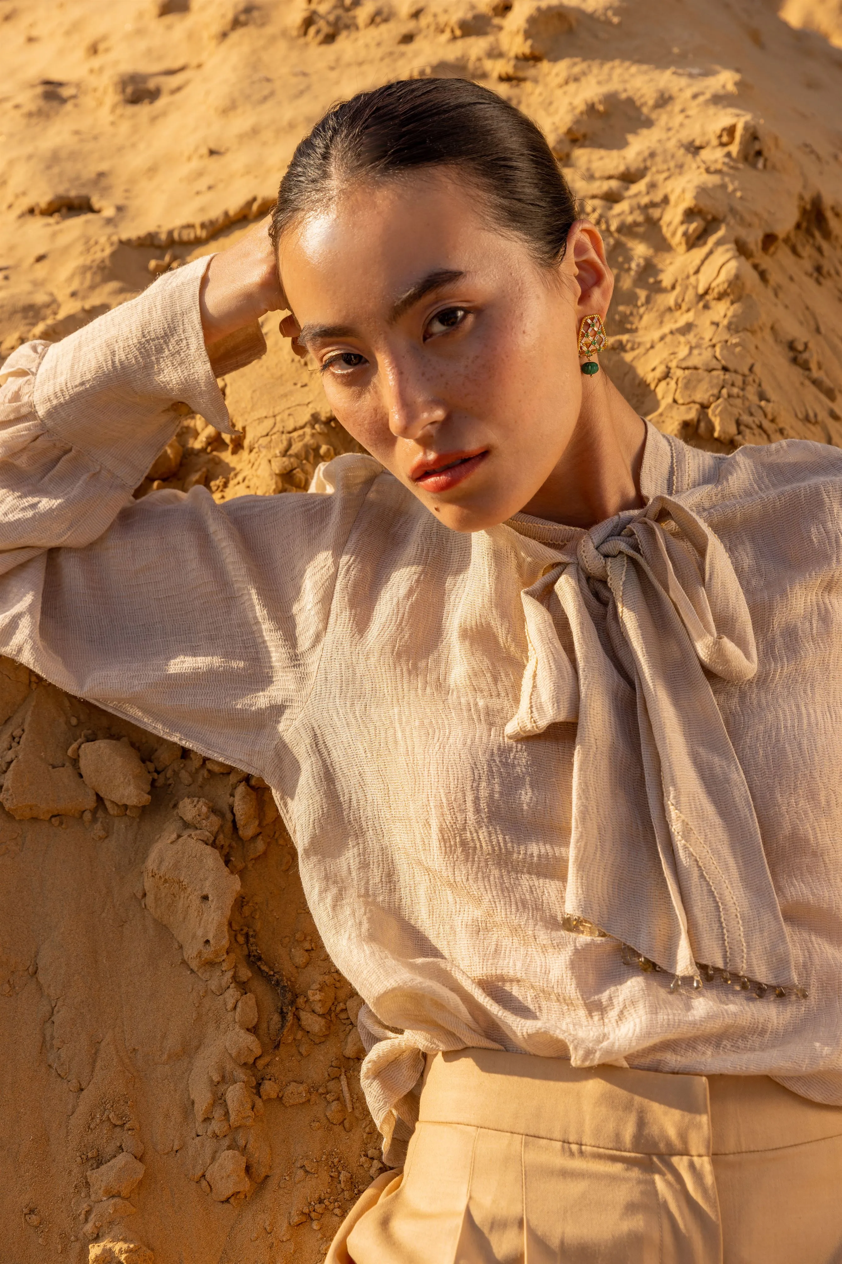 New Season Summer to Fall 2024--Blouse Embroidered Bow Tie Silk Ecru-CR/S/041-Suzanne-Fashion Edit Hemji