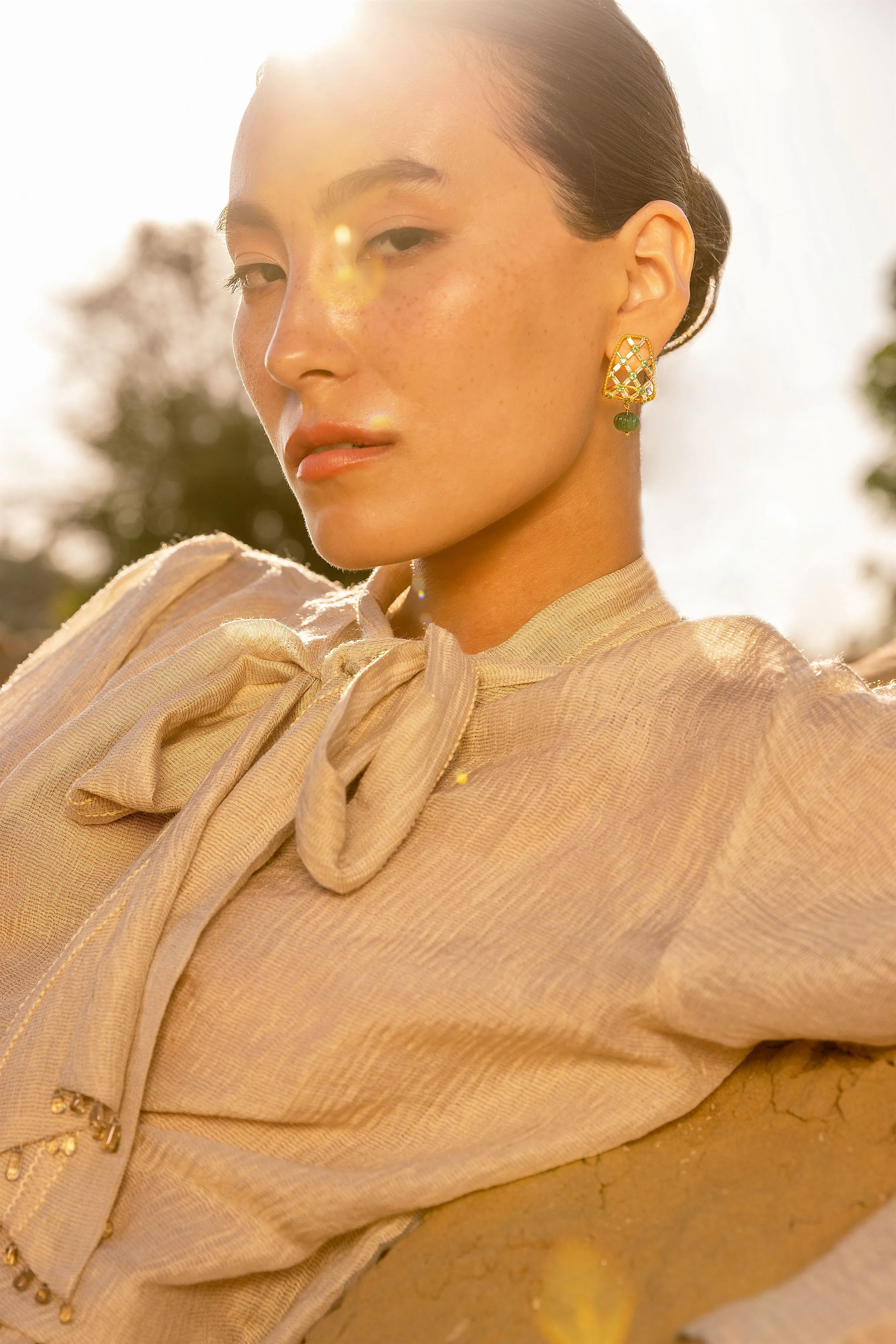 New Season Summer to Fall 2024--Blouse Embroidered Bow Tie Silk Ecru-CR/S/041-Suzanne-Fashion Edit Hemji