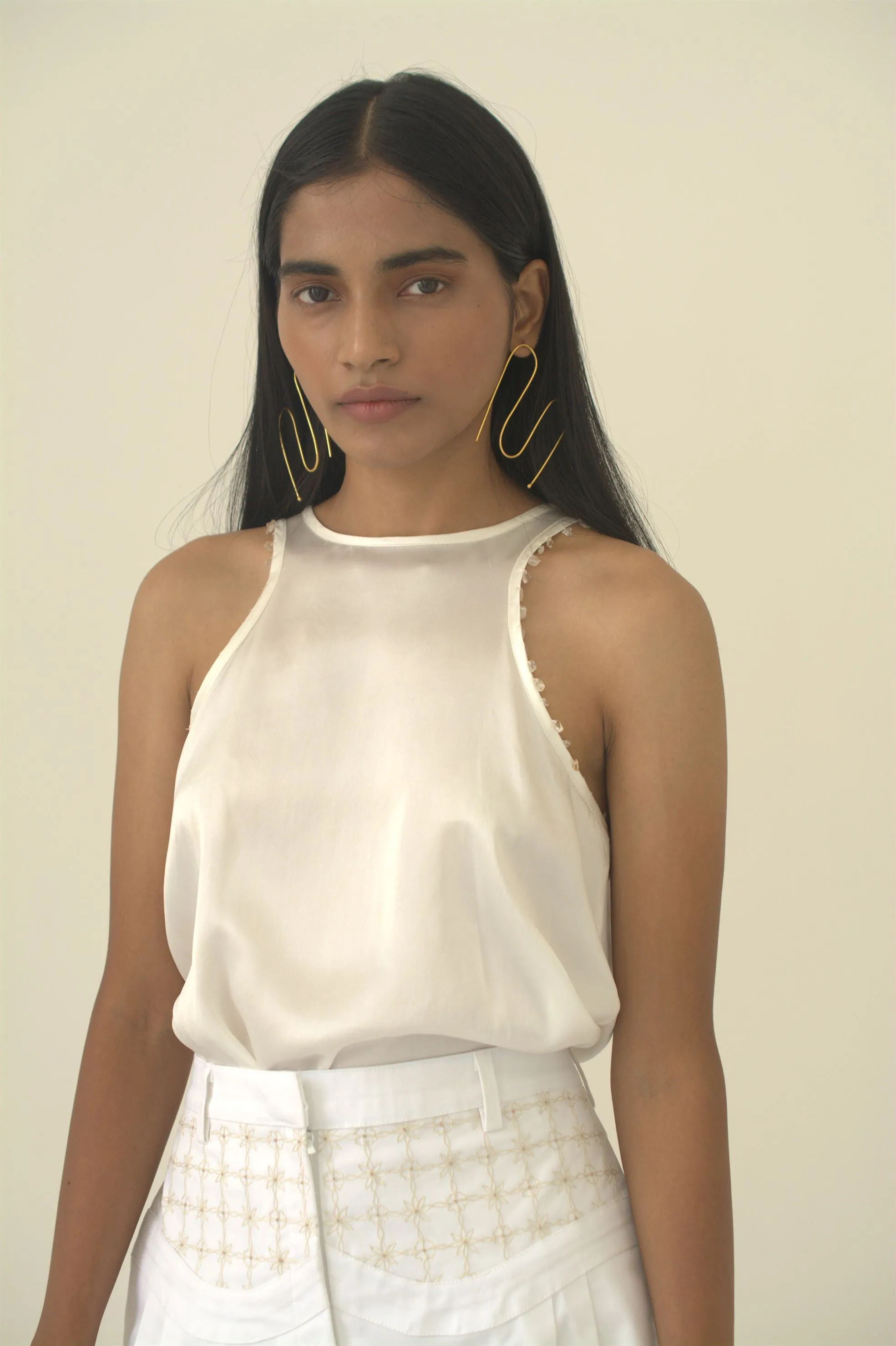 New Season Summer to Fall 2024-Top Racer Embroidered Silk Off White-CR/TS/017-Suzanne-Fashion Edit Hemji