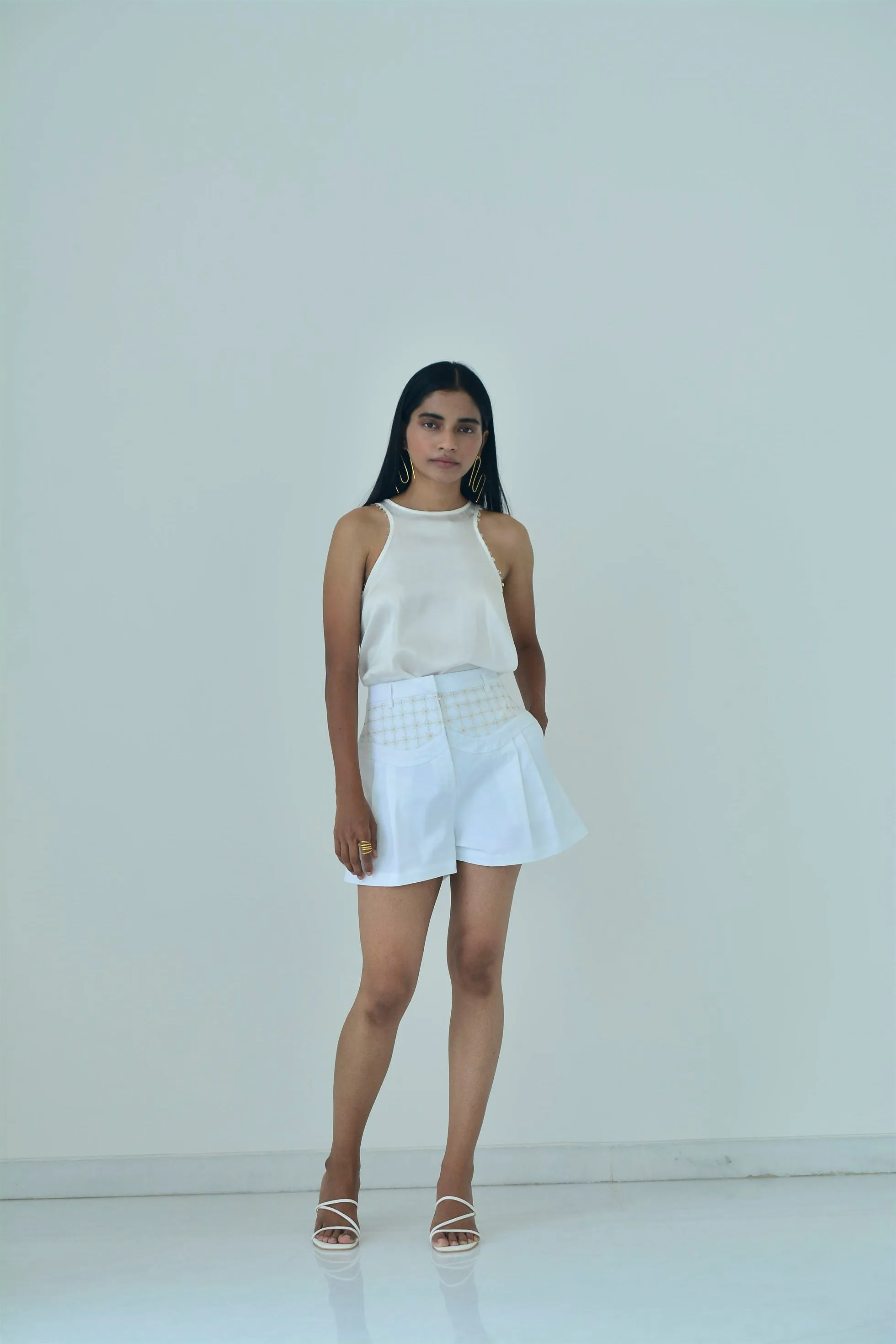 New Season Summer to Fall 2024-Top Racer Embroidered Silk Off White-CR/TS/017-Suzanne-Fashion Edit Hemji