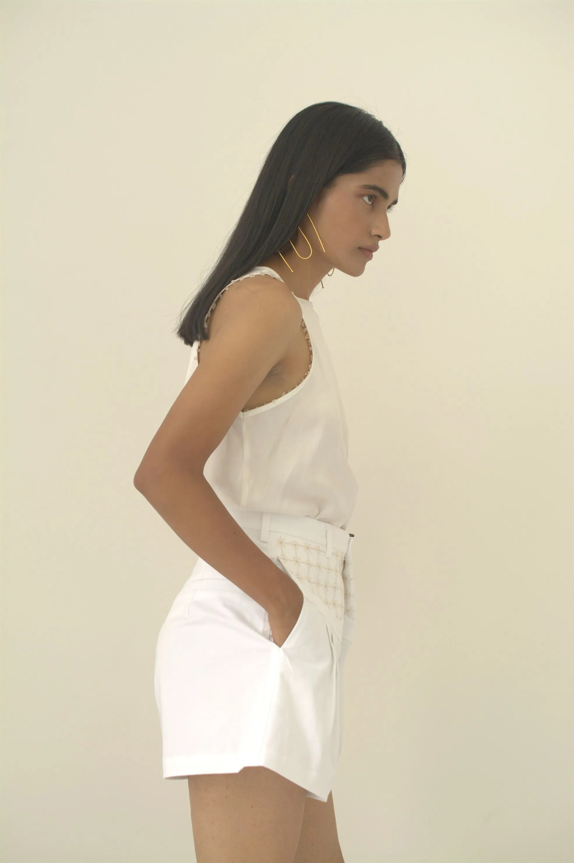 New Season Summer to Fall 2024-Top Racer Embroidered Silk Off White-CR/TS/017-Suzanne-Fashion Edit Hemji