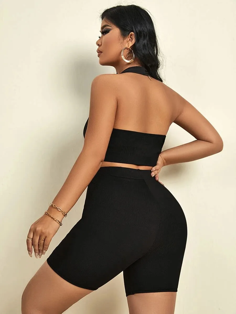 New SHEIN SXY Crisscross Backless Halter Top & Cut Out Biker Shorts, Black, Sz S! Rated 4.85 out of 5 stars! Fits True!