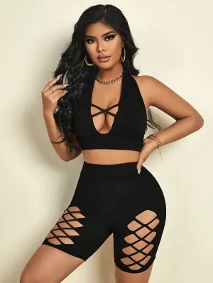 New SHEIN SXY Crisscross Backless Halter Top & Cut Out Biker Shorts, Black, Sz S! Rated 4.85 out of 5 stars! Fits True!