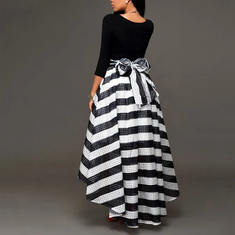New women's one-piece collar two-piece suit skirt long-sleeved shirt   striped skirt