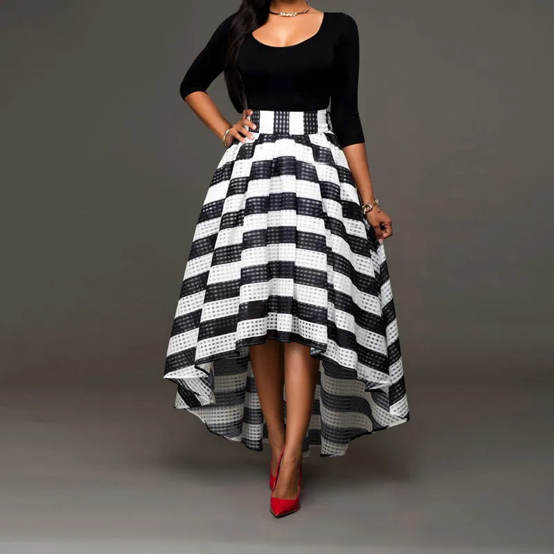 New women's one-piece collar two-piece suit skirt long-sleeved shirt   striped skirt