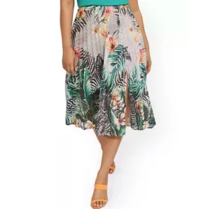 New York &amp; Company Tropical Floral Zebra Print Skirt Eyelet Overlay Size Medium